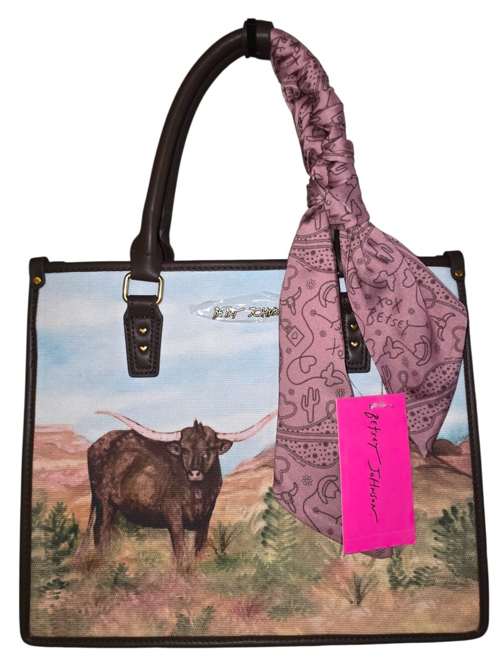 NEW Betsey Johnson Western Watercolor Longhorn Brown Bag w/ Crossbody & Scarf
